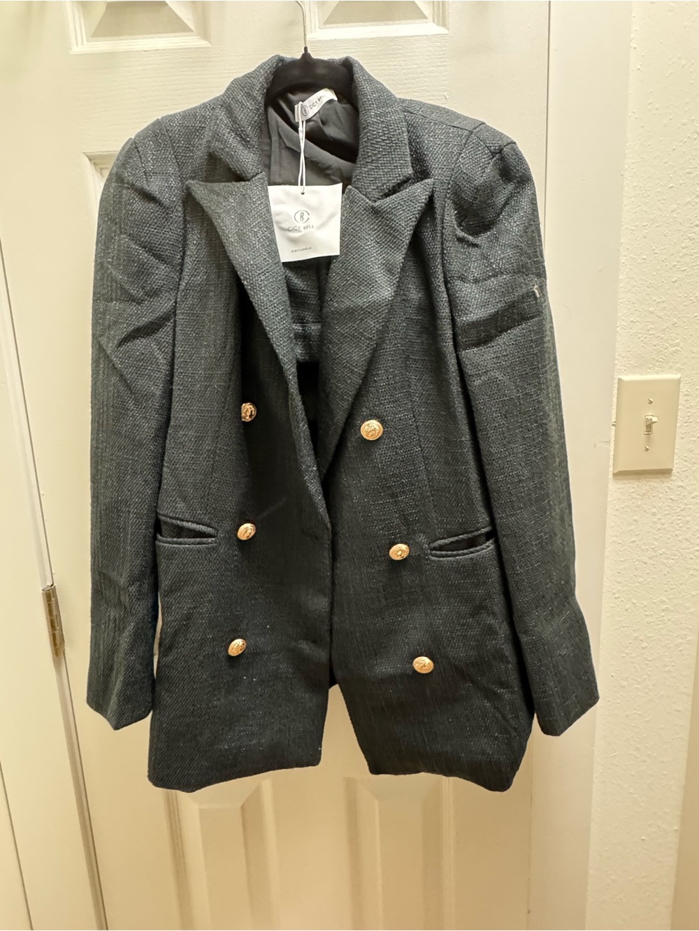 Womens Double-Breasted Charcoal Blazer with Gold Buttons and shorts